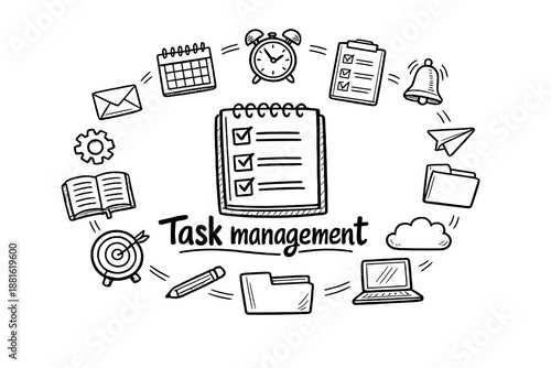 Task management. Hand-drawn doodle illustration of Task management. In the middle, one slightly larger central