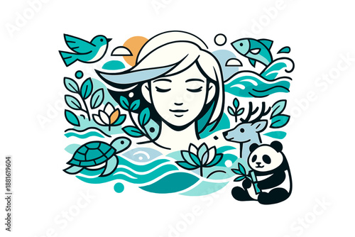 Environmental harmony portrait. Soft feminine face surrounded by animals, plants, and water symbols in
