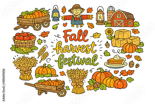 Fall harvest festival. Hand-drawn doodle illustration of Fall harvest festival. pumpkins,