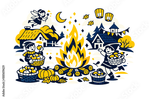 Autumn fairy tale village. A village square with a glowing bonfire, baskets of apples and mushrooms, sparks