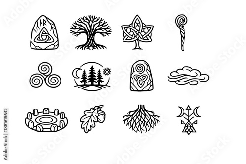 Celtic enchanted woodland. Line outline icon set of Celtic enchanted woodland: Celtic rune stone, ancient tree