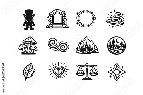 Enchanted leprechaun realm. Line outline icon set of Enchanted leprechaun realm: leprechaun silhouette, realm