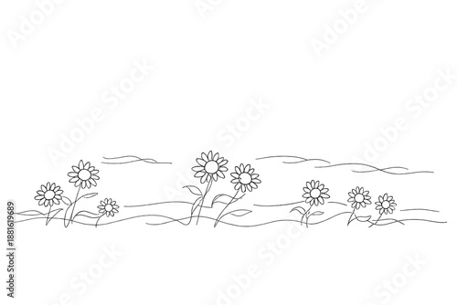 "Whimsical sunflower field". Minimalistic one-line drawing sunflowers swaying with breeze under calm sky with