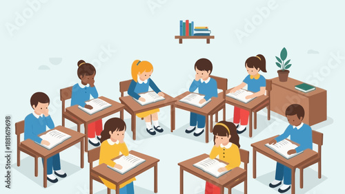 Students sitting at desks in classroom.