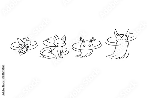 "Whimsical woodland spirits". Minimalistic one-line drawing forest creatures with soft