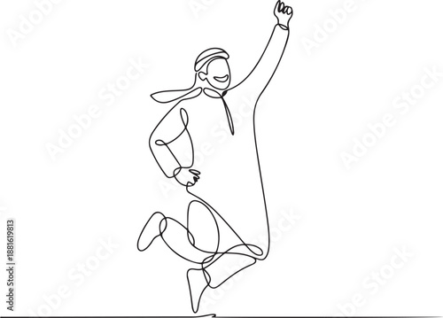 Single one line drawing happy Arab businessman jump with folds one leg and raises one hand.one line vector illustration with out background