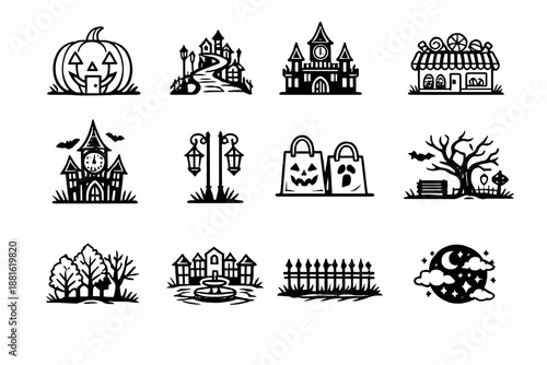 Halloween town. Line outline icon set of Halloween town: pumpkin houses, crooked street, town hall silhouette,