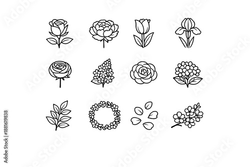 Garden spring florals. Line outline icon set of Garden spring florals: rose, peony, tulip bloom, iris,