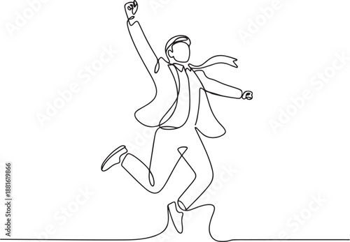 Single one line drawing happy Arab businessman jump with folds one leg and raises one hand.one line vector illustration with out background
