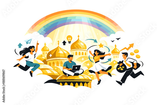 Golden Rooftop Harmony. Rainbow glow over golden rooftops. Soft light cascading down from the rainbow onto