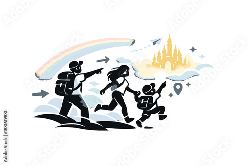 Golden city beyond the rainbow mist. Rainbow fading softly into mist, golden silhouettes