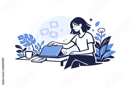 Serene Workspace Renewal. Work burnout prevention concept. Laptop closing gently as plants grow around the