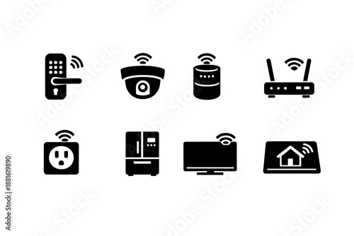 Smart home IoT. Filled icon set of Smart home IoT: smart door lock, connected camera, smart speaker, wifi