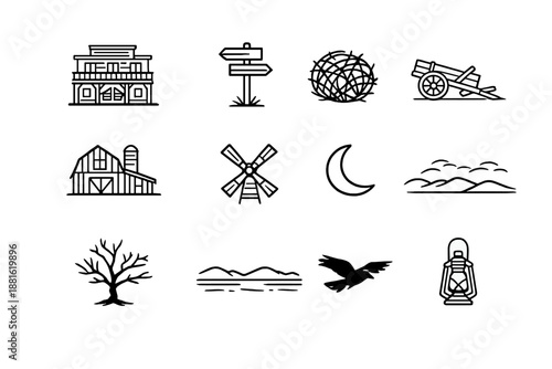Desolate Western Icon Set. Desolate western town. Line outline icon set of Desolate western town: empty saloon
