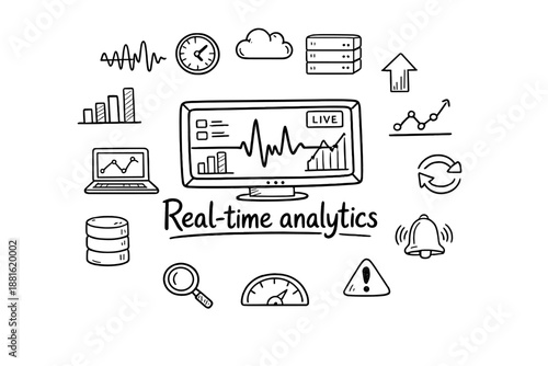 Real-time analytics. Hand-drawn doodle illustration of Real-time analytics. In the middle, one slightly larger