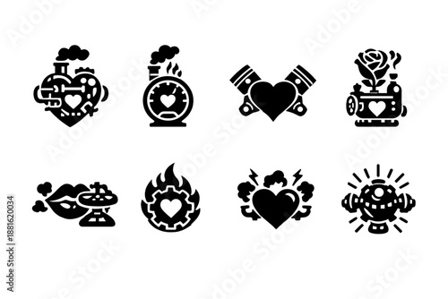 Steam powered love. Filled icon set of Steam powered love: steam engine heart, pressure gauge love, piston