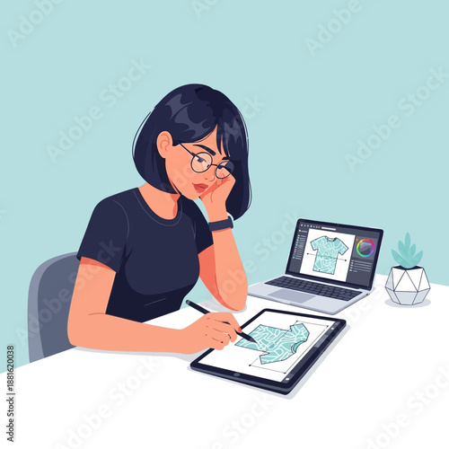 Woman graphic designer working on digital tablet and laptop, creating t-shirt design