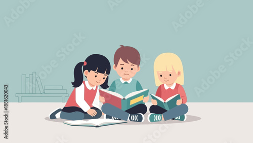 Three children reading books together.