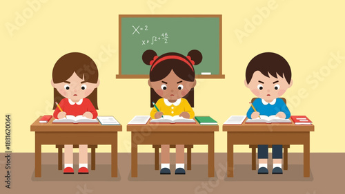 Three children sitting at desks.