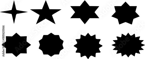 Set of abstract starburst and star shapes in various geometric forms. Minimal flat vector design suitable for labels, badges, stickers, pricing tags, promotional elements, and graphic design templates