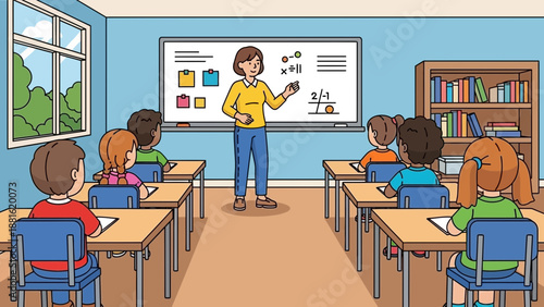 Teacher standing in classroom with students.