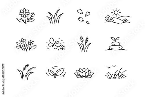 Meadow Icon Set. Peaceful meadow nature. Line outline icon set of Peaceful meadow nature: calm flowers, gentle