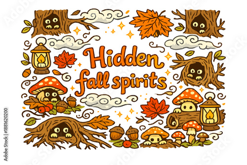 Hidden fall spirits. Hand-drawn doodle illustration of Hidden fall spirits. shy spirits, peeking eyes, autumn