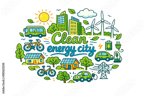 Clean energy city. Hand-drawn doodle illustration of Clean energy city. green skyscrapers, solar rooftops,