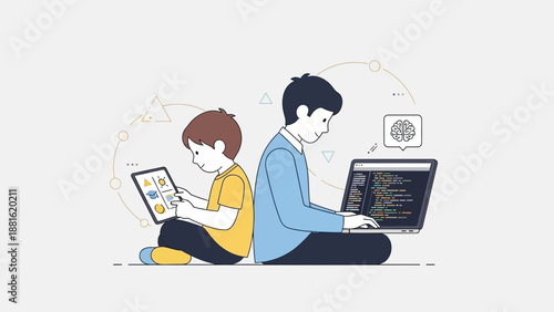 Two people using laptop computer.