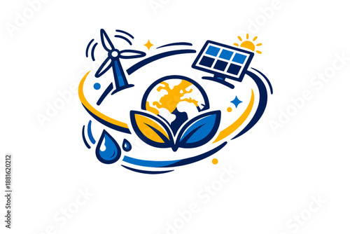 Climate awareness icons. Clean line icons showing wind turbines, solar panels, and water drops orbiting a