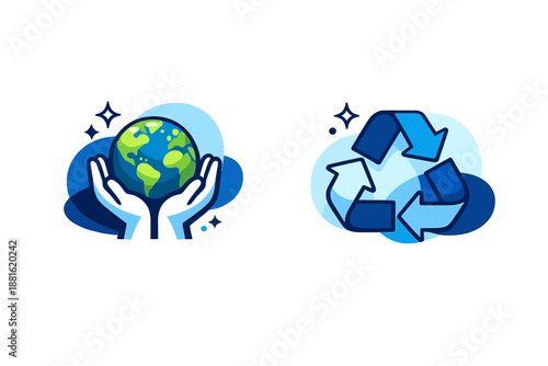 Climate awareness icons. Abstract hands holding a small green planet, recycling arrows forming smooth loops,