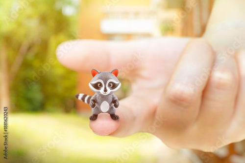 A miniature raccoon figurine on a finger. Animal protection and care for wildlife.