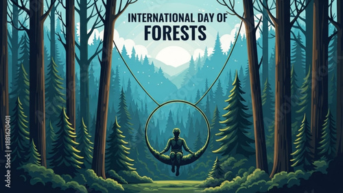 Person meditating on a circular swing in a serene forest on international day of forests