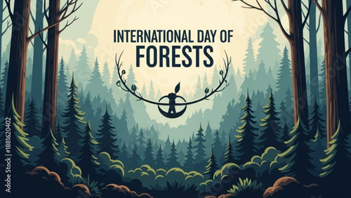 International day of forests poster with forest landscape and tree symbol