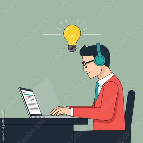 Man with Headphones Working on Laptop, Lightbulb Idea Above Head