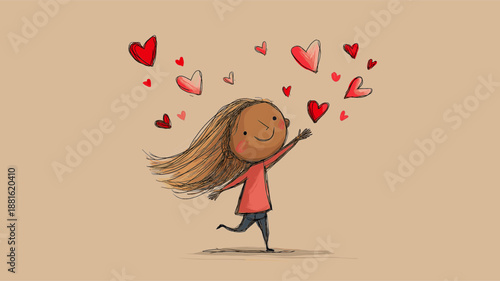 Smiling cartoon boy and girl with red hearts floating above them, depicting true love. Happy cartoon couple showing love and affection