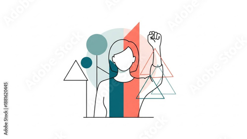 Woman with raised fist and geometric shapes in background symbolizing empowerment and strength