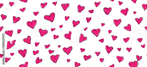Pink hand-drawn hearts forming a seamless pattern on a white background. Pink heart pattern creating simple love background