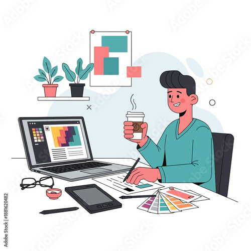 Graphic Designer Working on Laptop with Coffee and Color Swatches