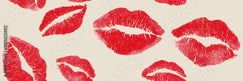 Red lipstick kiss marks covering a cream textured paper surface, creating a playful pattern. Red lipstick kiss marks seamless pattern on textured paper