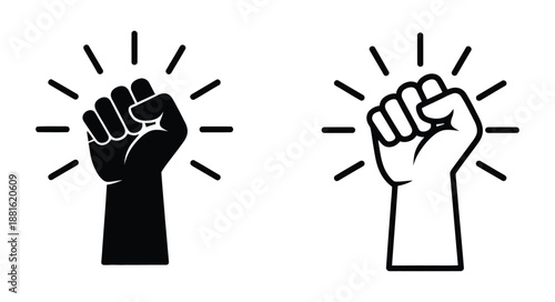 Fist raised power protest line icon vector. Raised Fist Icon Vector, Black and White Power Symbol, Protest Hand Sign Illustration