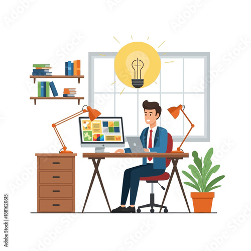 Businessman working on computer and laptop, idea lightbulb above