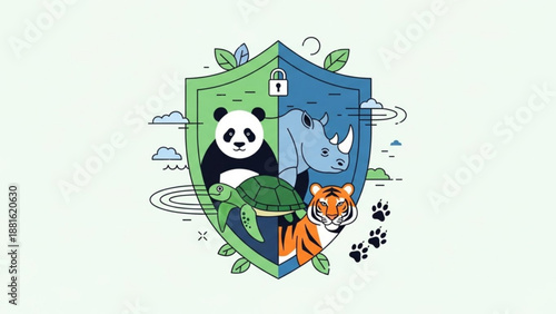 Endangered species shield with panda rhinoceros turtle and tiger conservation concept