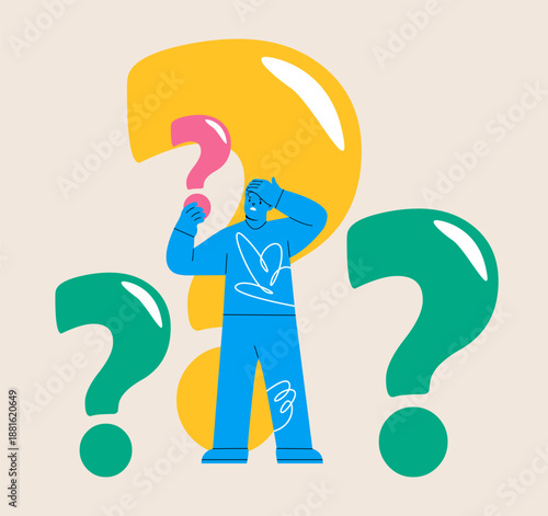 Confusion concept. Man surrounded by lots questions. Colorful vector illustration