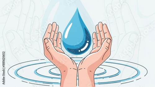 Hands cradling a large blue water droplet above rippling water symbolizing conservation and sustainability
