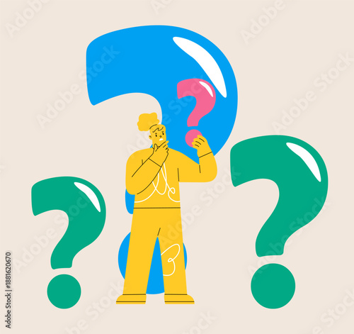 Confusion concept. Woman surrounded by lots questions. Colorful vector illustration