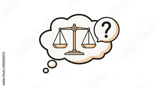 Justice scales in thought bubble with question mark symbolizing fairness and uncertainty in law