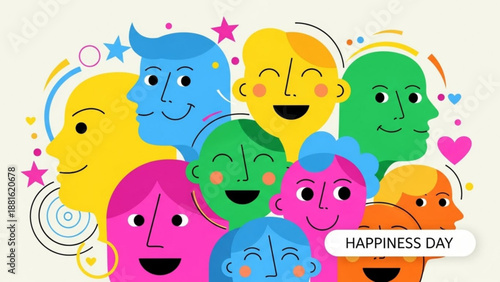 Colorful cartoon faces celebrating happiness day with smiling expressions and decorative elements