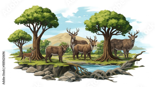 Deer herd grazing near trees by serene stream with rocky shore under blue sky with white clouds