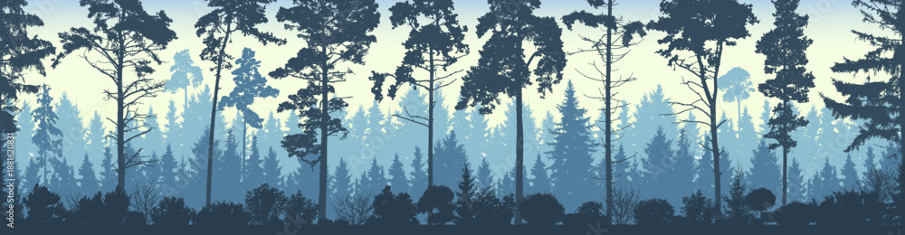 Obraz premium Seamless coniferous winter forest background. Pine, spruce, fir, christmas tree. Nature, landscape. Fog evergreen coniferous trees. Silhouette vector illustration
